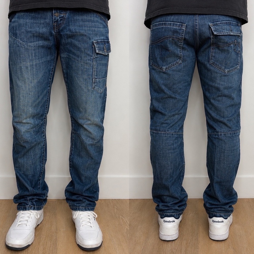 River Island Mens 30/32 Euro Jeans Blue Denim Cargo Utility Straight Leg Pants